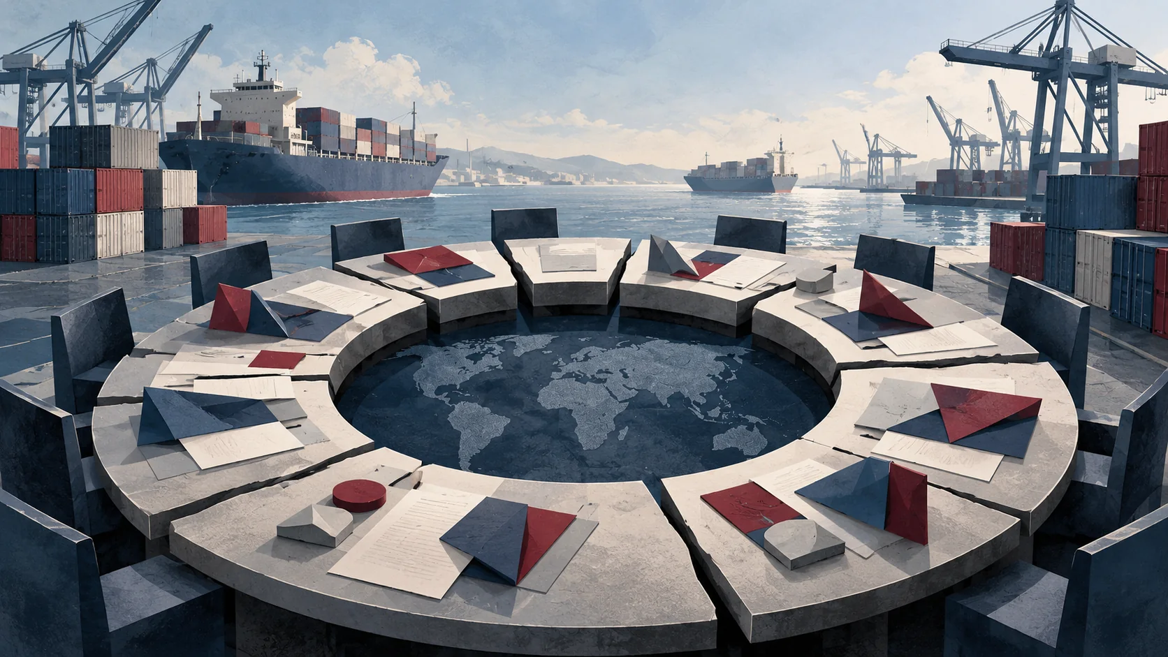 Illustration conceptuelle générée par IA : le commerce portuaire et des négociations internationales encore en quête de consensus