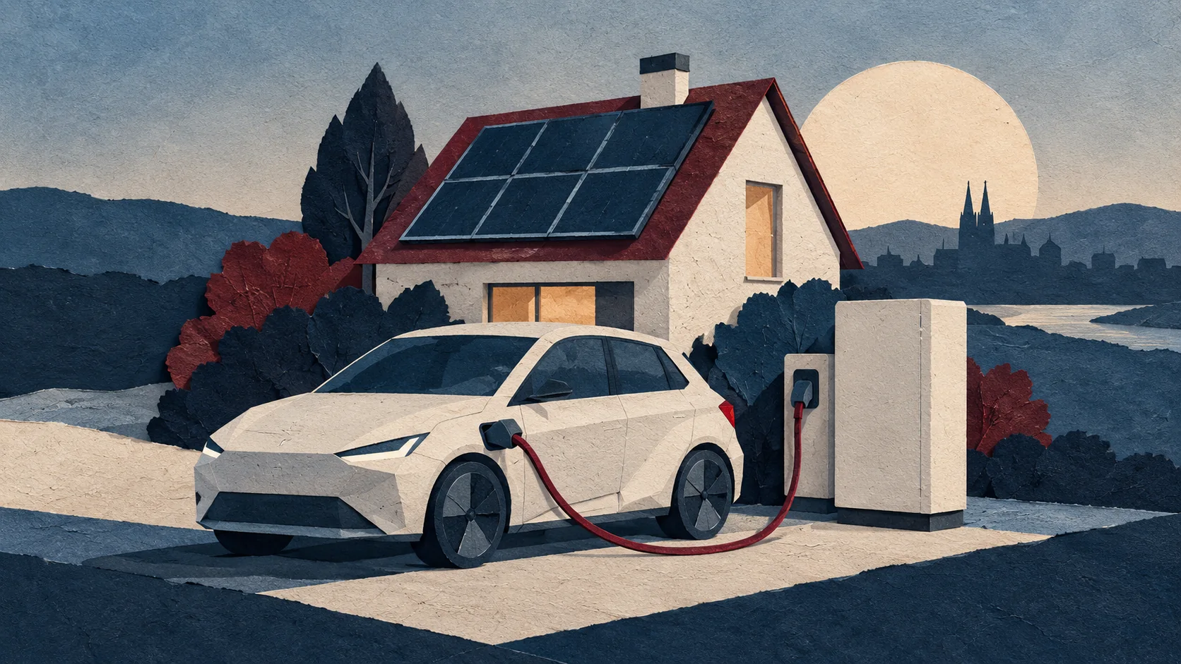 Illustration conceptuelle générée par IA : recharge d’un véhicule électrique, stockage domestique et panneaux solaires en toiture