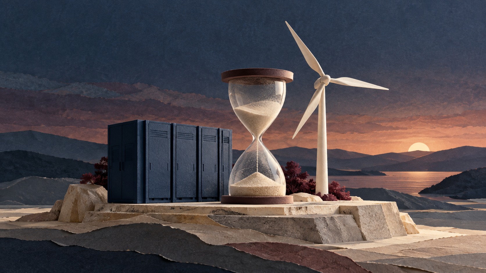 Illustration générée par IA, style papier découpé en couches : armoires de batteries bleu marine, éolienne ivoire et sablier