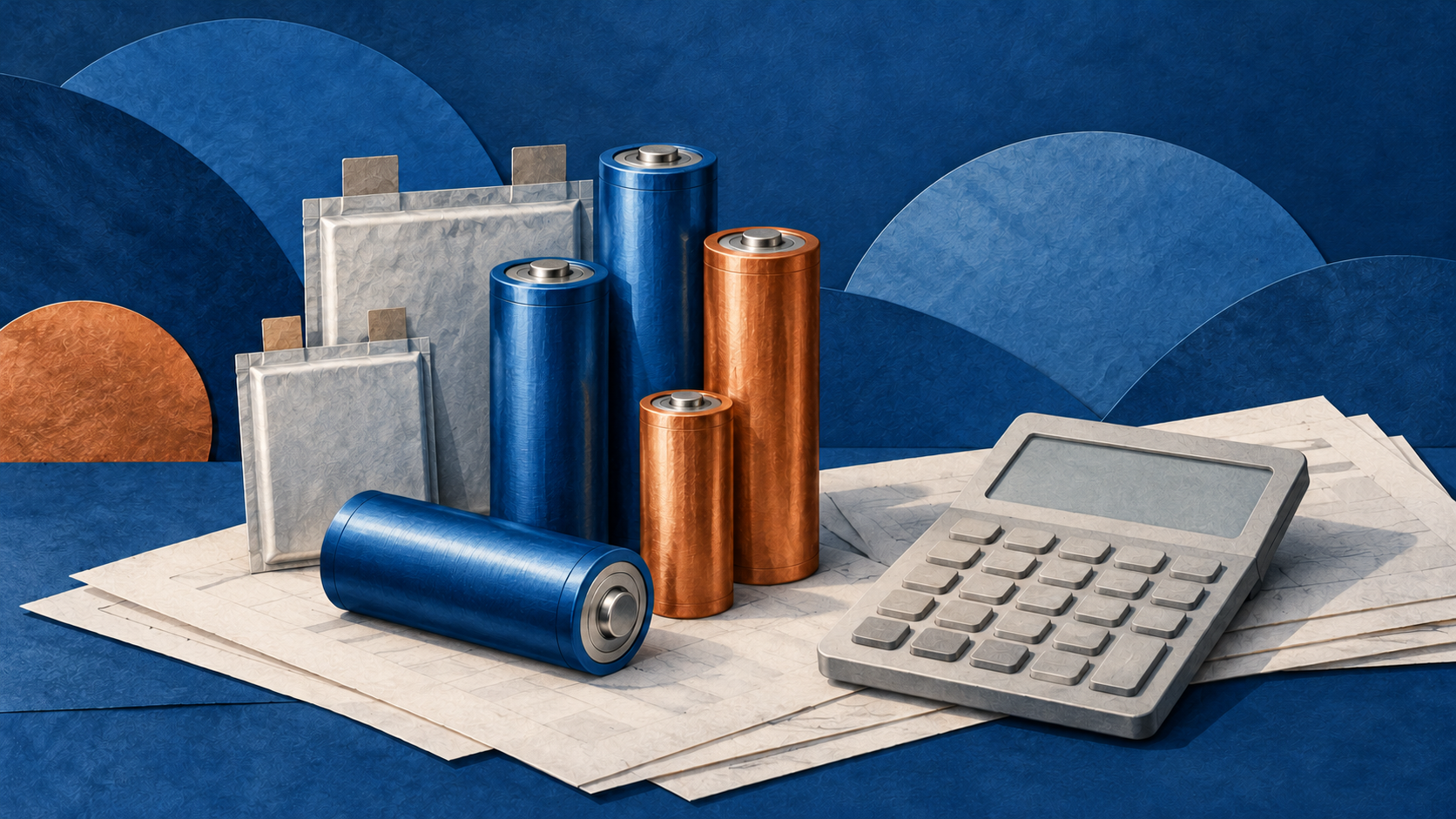 Illustration générée par IA : batteries génériques, calculatrice et papiers