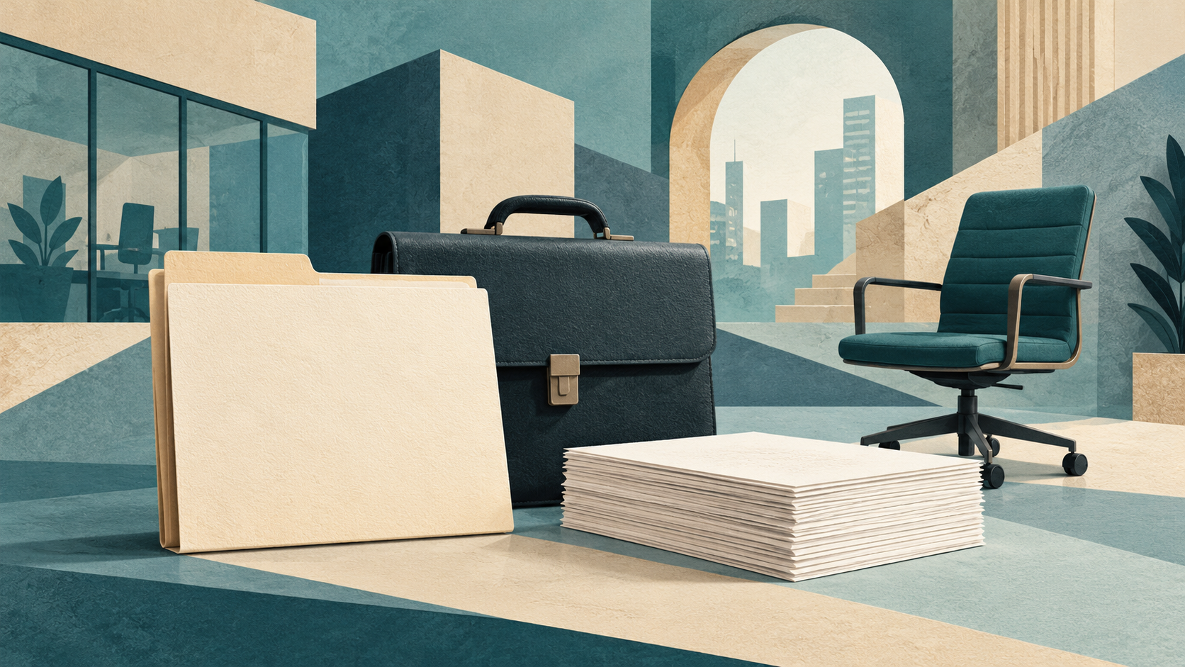Illustration générée par IA : dossiers, porte-documents, feuilles et chaise de bureau évoquent l’emploi et les demandes d’assurance chômage ; aucun demandeur ni aucune scène d’actualité réelle ne sont représentés.