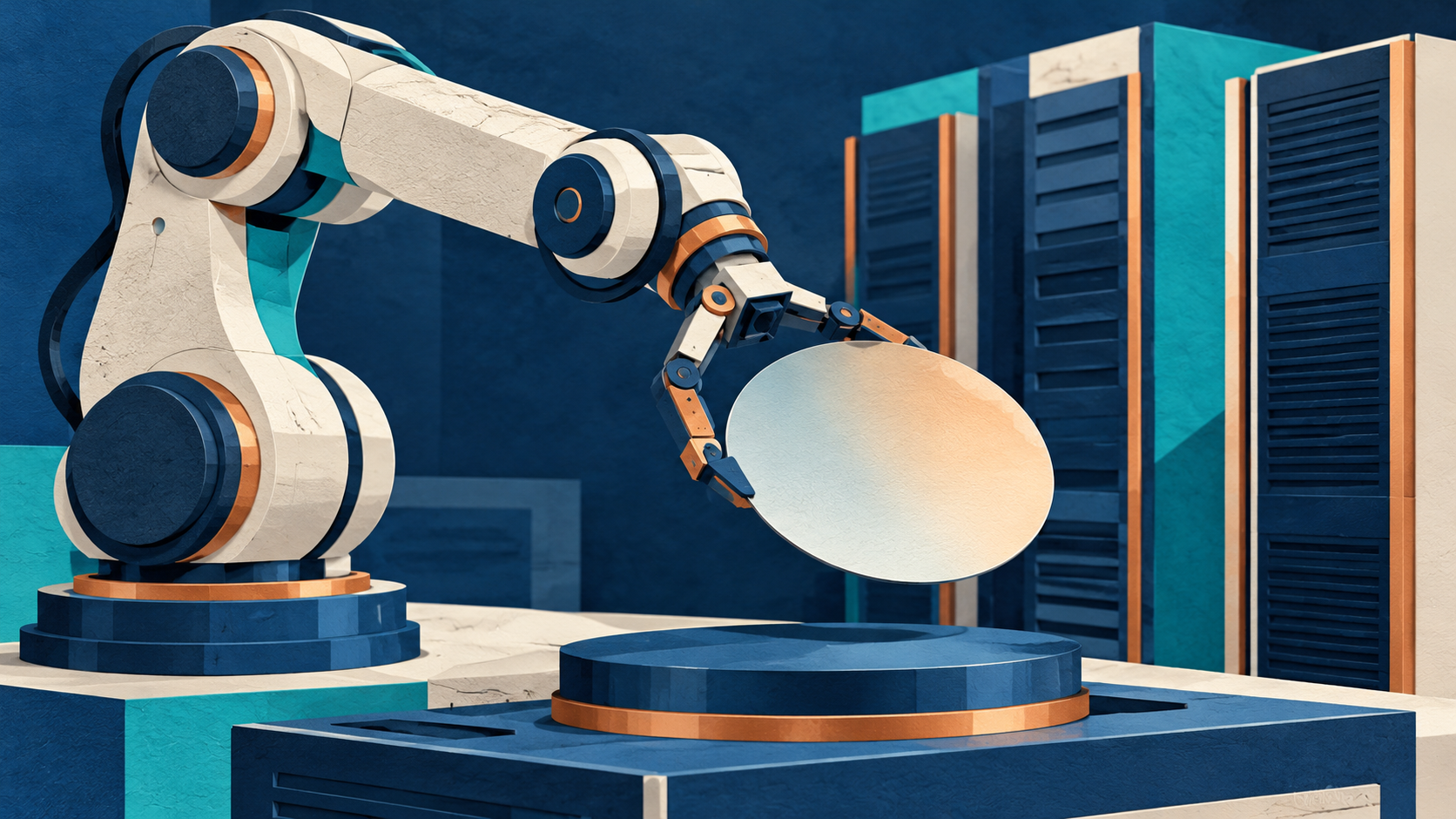 Illustration générée par IA : un bras robotisé générique, une plaque de semi-conducteur sans inscription et des baies de serveurs évoquent le développement de l’intelligence artificielle et des technologies industrielles ; aucun produit, usine ou lieu d’actualité réel n’est représenté.