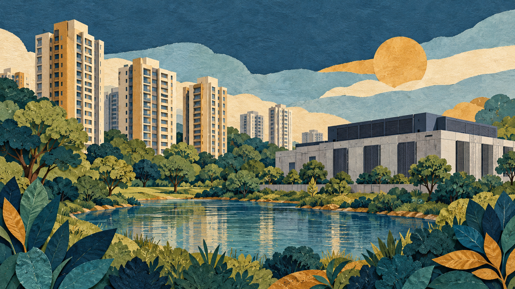 Illustration générée par IA : des immeubles, un centre de données et un réservoir génériques représentent des choix d’urbanisme ; il ne s’agit ni de Thane ni d’une reconstitution du projet.