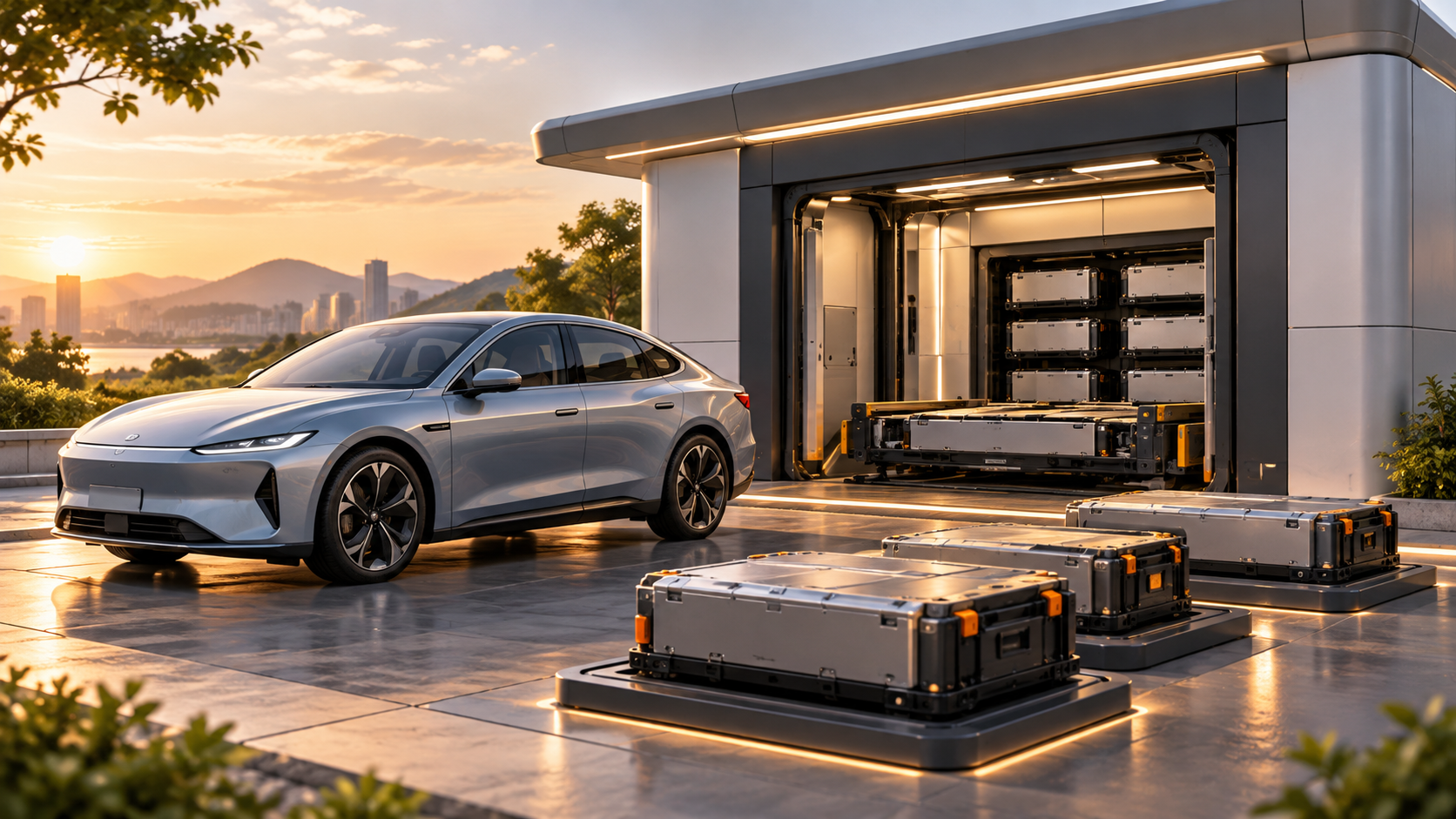AI-generated conceptual illustration of electric-vehicle battery swapping and battery scheduling, not a real station, vehicle model or partnership event.