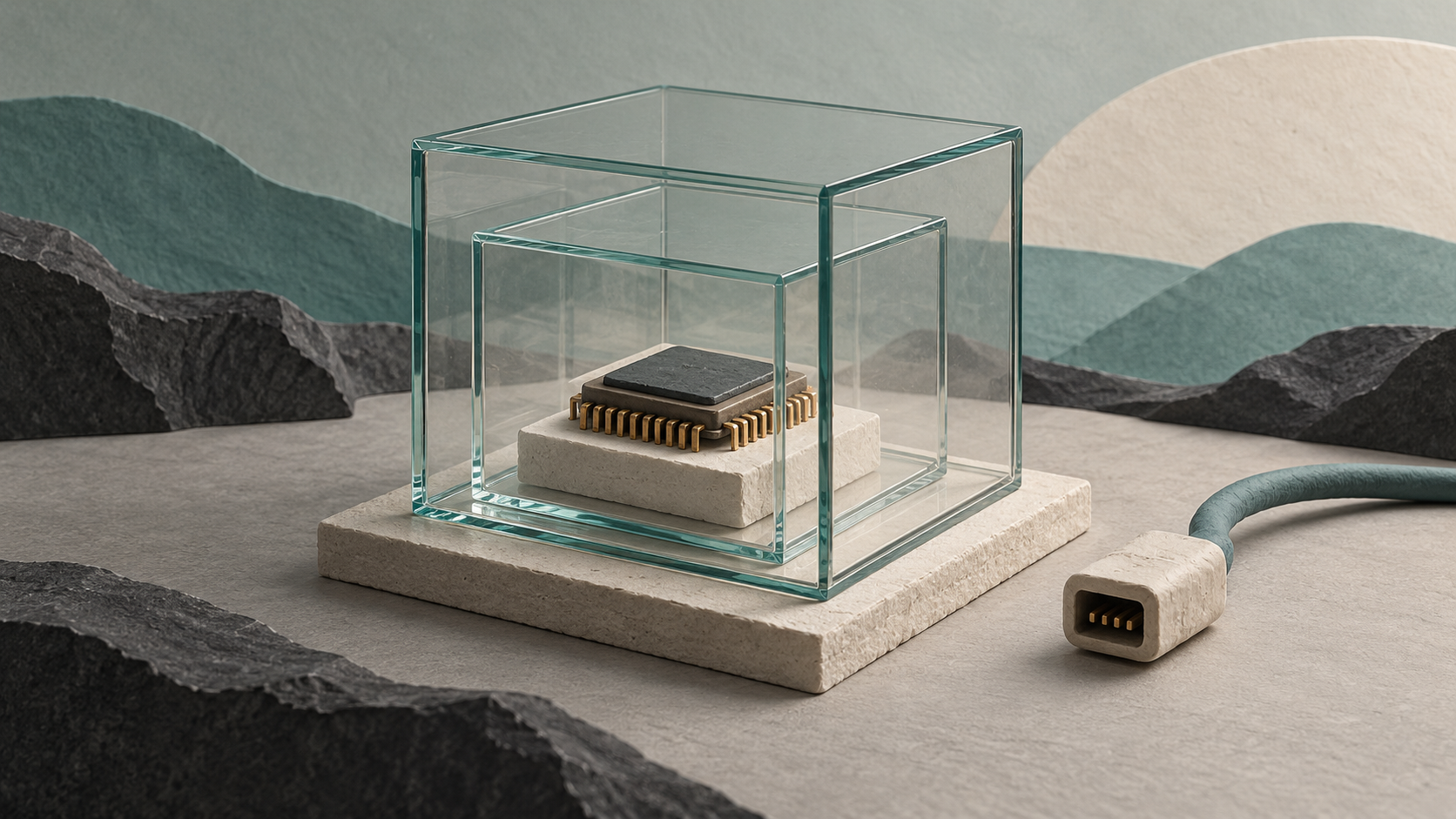 AI-generated editorial illustration: a chip, nested protective enclosures and a disconnected cable represent layered isolation in AI training, not an actual OpenAI facility.