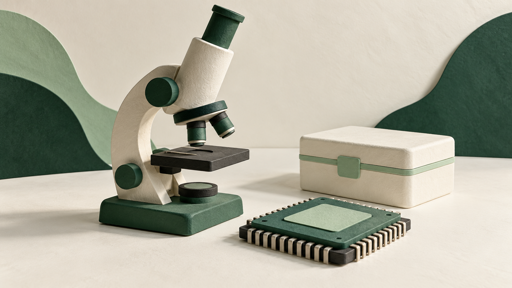 AI-generated editorial illustration: a microscope, chip and closed sample box represent AI and biosecurity research, not the actual UK AI Biosecurity Lab.