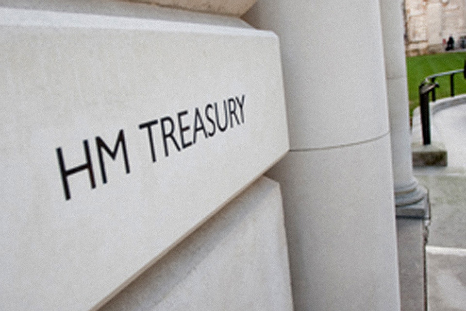 Archival photograph of the HM TREASURY lettering on the Treasury building
