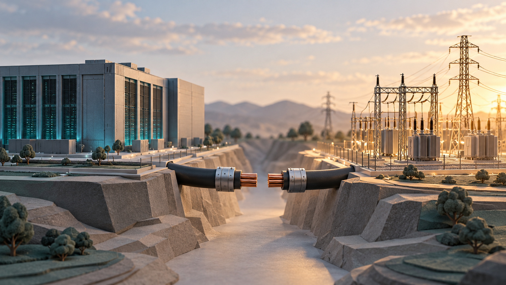 Illustration générée par l’IA : un centre de données, un poste électrique et un câble non raccordé symbolisent le lien entre livraison d’infrastructures et raccordement au réseau.