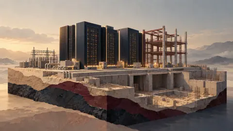 AI-generated conceptual illustration: data centers, power facilities and infrastructure under construction