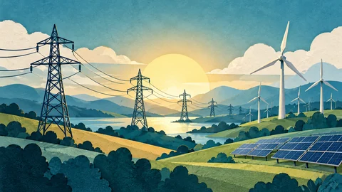AI-generated illustration: transmission lines connecting wind turbines and solar panels