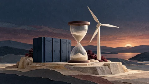 AI-generated layered-paper illustration of navy battery cabinets, an ivory wind turbine and an hourglass