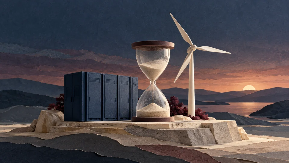Illustration générée par IA, style papier découpé en couches : armoires de batteries bleu marine, éolienne ivoire et sablier
