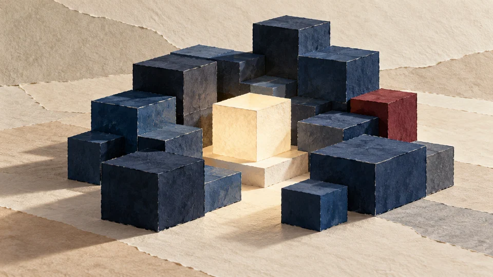 Illustration générée par l’IA : des modules bleu marine entourent un noyau lumineux, évoquant le calcul et l’ouverture des modèles