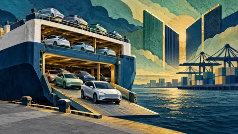 AI-generated illustration: unbranded cars, a vehicle carrier and port elements