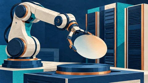 AI-generated illustration: generic robotic arms, blank wafers and server cabinets represent artificial intelligence and industrial technology development; these are not actual products, factories or a news scene.