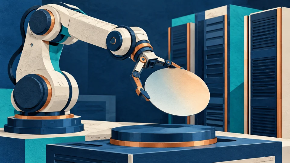 Illustration générée par IA : un bras robotisé générique, une plaque de semi-conducteur sans inscription et des baies de serveurs évoquent le développement de l’intelligence artificielle et des technologies industrielles ; aucun produit, usine ou lieu d’actualité réel n’est représenté.