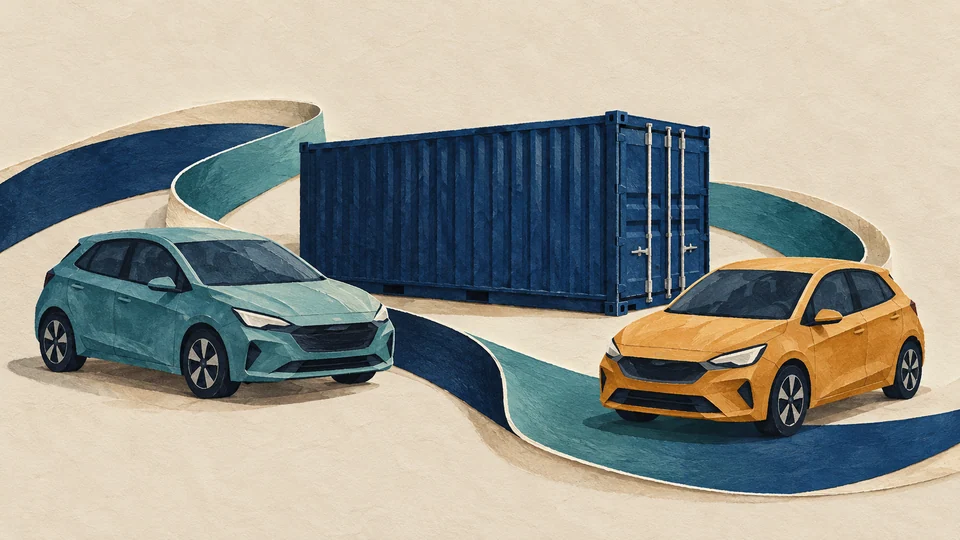 Illustration générée par IA : des voitures sans marque, des conteneurs et des itinéraires abstraits évoquent le commerce automobile transfrontalier ; aucun modèle, port ou lieu d’actualité réel n’est représenté.