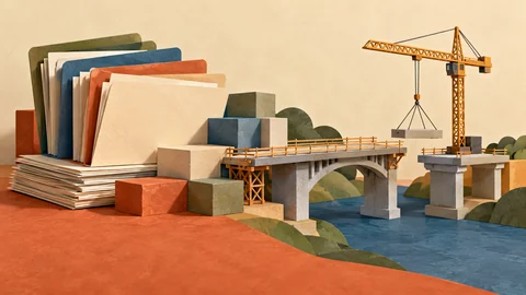 AI-generated illustration: blank folders, building blocks and a bridge under construction represent local public finances and infrastructure development; these are not actual projects or evidence of fund use.