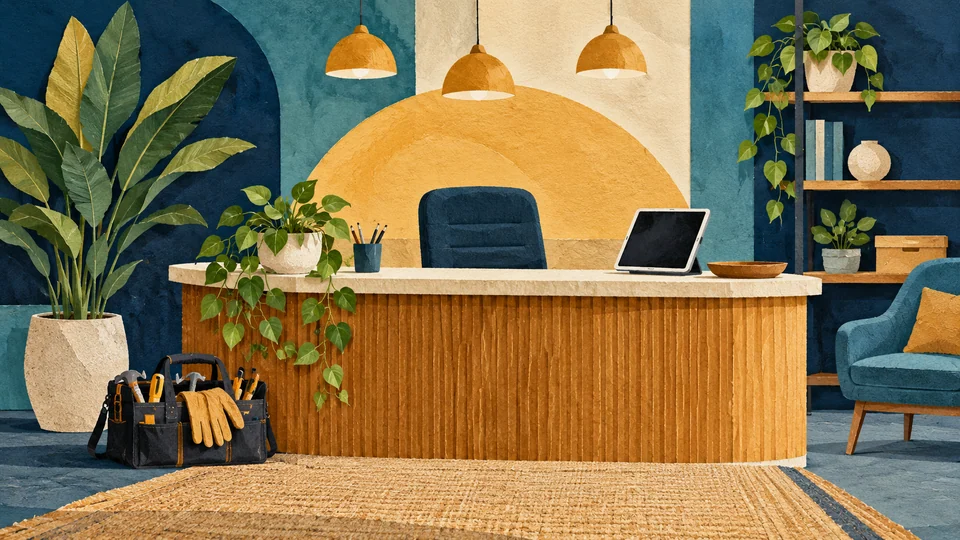 Illustration générée par IA : accueil, tablette, sac à outils et plantes dans un espace générique d’aide à l’emploi ; ni organisme réel ni événement de recrutement.