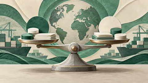AI-generated illustration: a balance scale, unmarked discs and shipping elements represent exchange rates and international trade; these are not actual currency, institutions or a news scene.