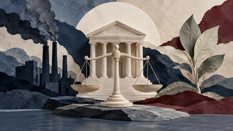 AI-generated illustration of courts, fossil fuels and responsibility for urban climate damage