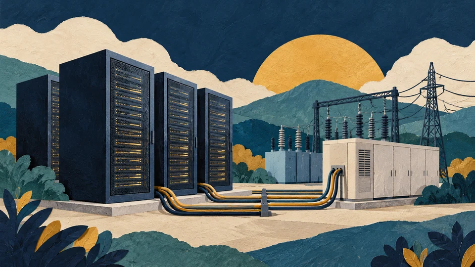 AI-generated illustration: generic server cabinets and an electricity substation symbolize computing and grid coordination; no real facility is depicted.
