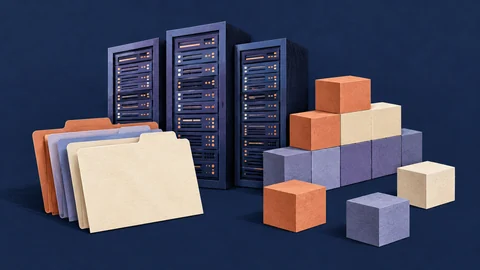 AI-generated illustration: generic servers, blank folders and building blocks