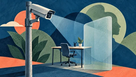 AI-generated illustration: a generic surveillance camera, an empty desk and chair, and a privacy barrier
