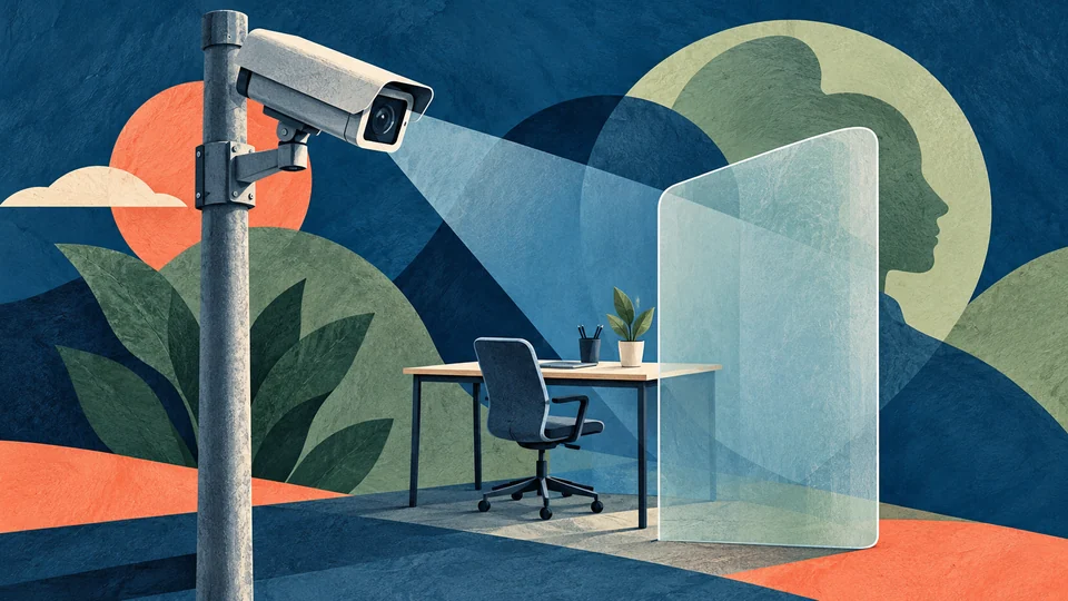 Illustration générée par IA : caméra de surveillance générique, bureau et chaise vides, et barrière de confidentialité