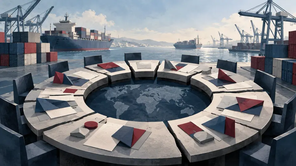 Illustration conceptuelle générée par IA : le commerce portuaire et des négociations internationales encore en quête de consensus