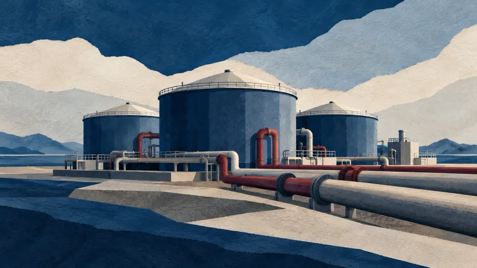 Illustration conceptuelle générée par IA : des installations de stockage pétrolier et un réseau d’approvisionnement en carburants