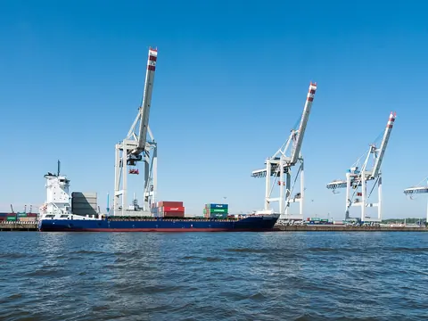 德国汉堡Tollerort集装箱码头的货船与装卸起重机,2019年资料照片