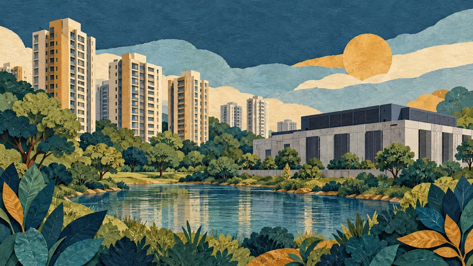 Illustration générée par IA : des immeubles, un centre de données et un réservoir génériques représentent des choix d’urbanisme ; il ne s’agit ni de Thane ni d’une reconstitution du projet.