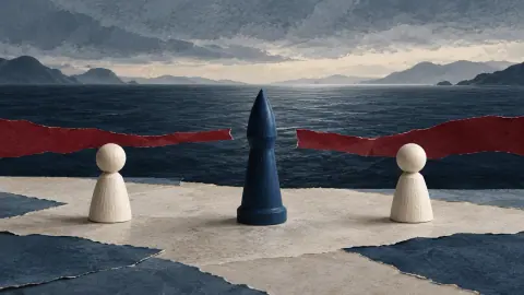 AI-generated conceptual illustration: abstract game pieces representing missiles and regional security issues