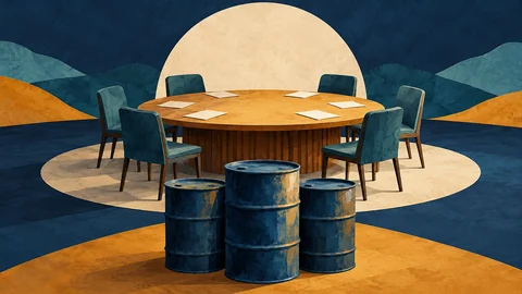 AI-generated illustration: an empty negotiating roundtable, blank papers and fuel barrels