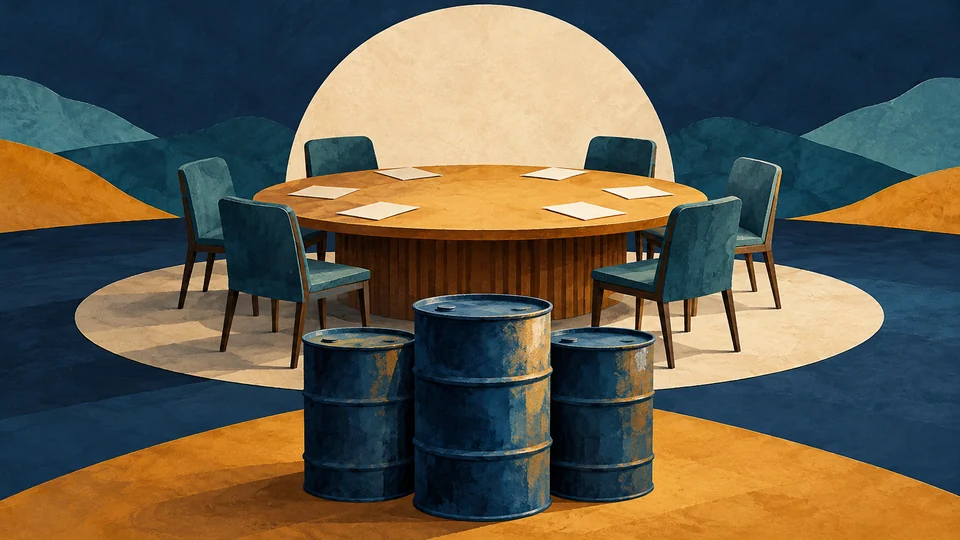 Illustration générée par IA : table ronde de négociation inoccupée, feuilles vierges et barils de carburant