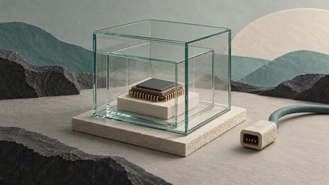Illustration générée par l’IA : une puce, des enceintes protectrices imbriquées et un câble débranché évoquent l’isolation en plusieurs couches de l’entraînement de l’IA ; il ne s’agit pas d’une installation réelle d’OpenAI.