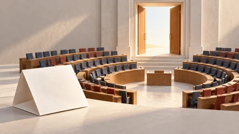 AI-generated editorial illustration: a blank ballot, abstract assembly seats and an open doorway represent the institutional steps following an election.