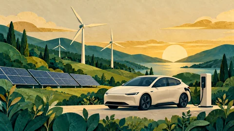 AI-generated illustration: wind turbines, solar panels and a vehicle-charging scene