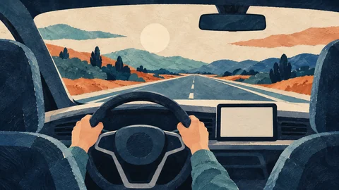 AI-generated illustration: a driver holds an unbranded car’s steering wheel with both hands, representing supervised driving