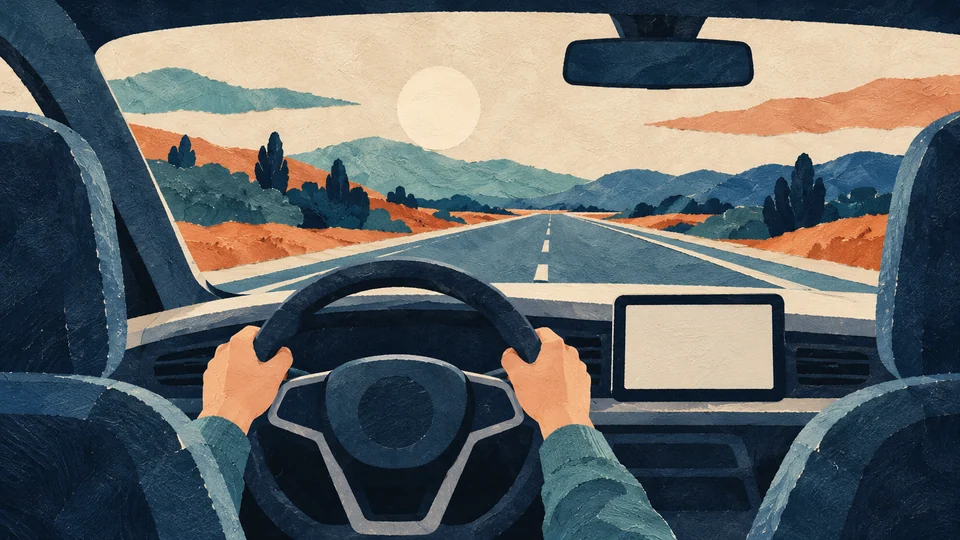 AI-generated illustration: a driver holds an unbranded car’s steering wheel with both hands, representing supervised driving