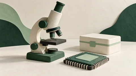 Illustration générée par l’IA : un microscope, une puce et une boîte d’échantillons fermée évoquent la recherche en IA et en biosécurité ; il ne s’agit pas du laboratoire britannique AI Biosecurity Lab réel.