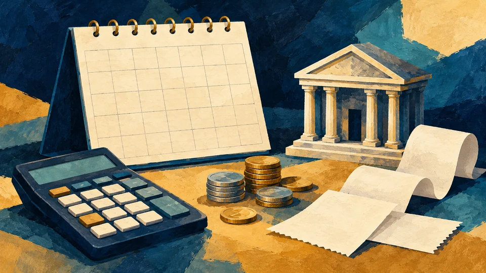 AI-generated illustration: a blank calendar, calculator, paper slips and a model bank on a desk, representing economic data and bank earnings; not an actual trading scene.