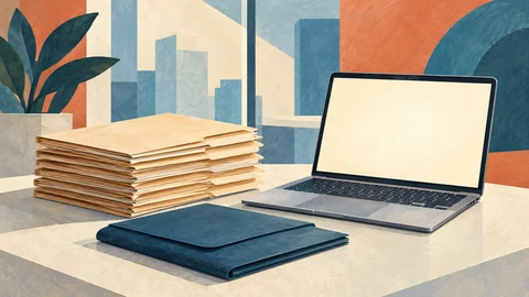 AI-generated illustration: blank folders, document packets and a laptop