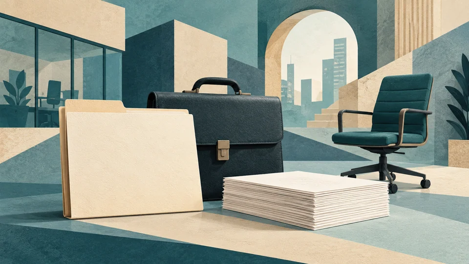 Illustration générée par IA : dossiers, porte-documents, feuilles et chaise de bureau évoquent l’emploi et les demandes d’assurance chômage ; aucun demandeur ni aucune scène d’actualité réelle ne sont représentés.